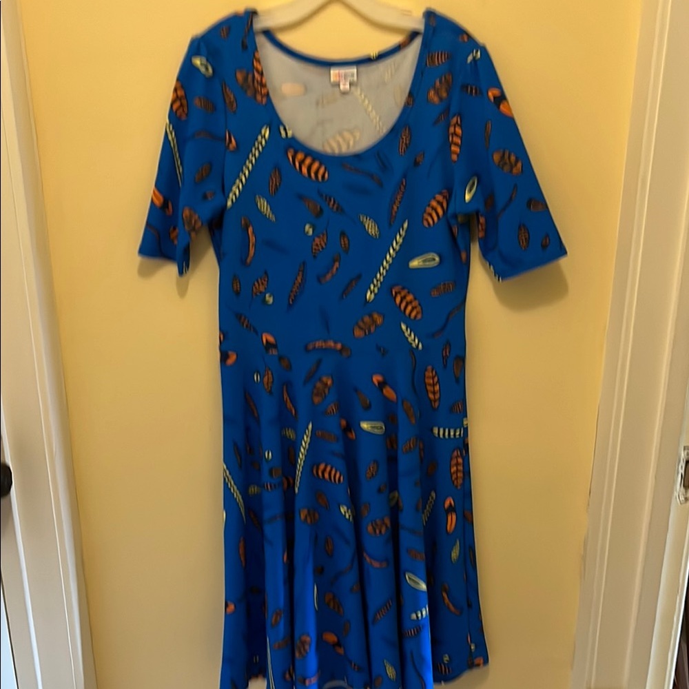 LuLaRoe Blue and Orange Casual Sundress 3/4 Sleeve Scoop Neck